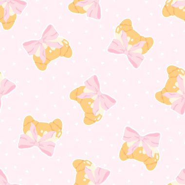 Pembe yay ve kusursuz vektör desenli flörtlü kruvasan. Moda dekorasyonlu sevimli çizgi film kızartılmış pastası. Çocuk kıyafetleri, bebek odası duvar kâğıdı, kırtasiye ve tatlı pastel tarzı tekstil ürünleri için mükemmel.