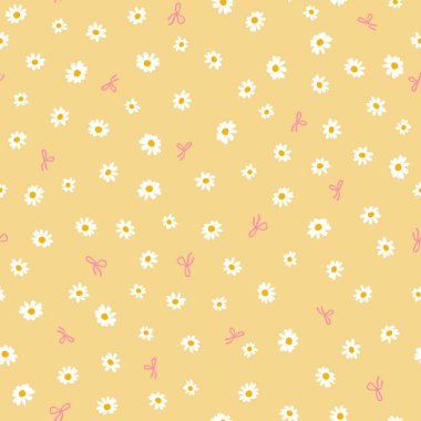 El yapımı papatya çiçekleri ve pastel sarısı arka planda tebeşirle boyanmış papatya çiçekleri olan şirin vektörsüz desen. Çocuklar için kumaş, ambalaj, kırtasiye, yaz tasarımı için mükemmel.
