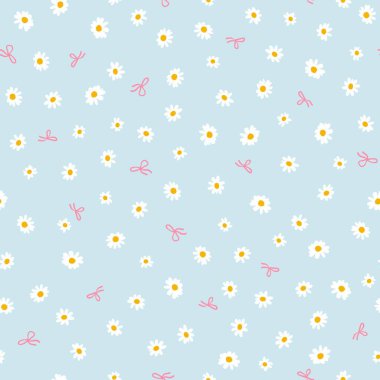 El çizimi papatya çiçekleri ve pastel mavi arka planda tebeşirle boyanmış papatya çiçekleri olan şirin vektörsüz desen. Çocuklar için kumaş, ambalaj, kırtasiye, yaz tasarımı için mükemmel.