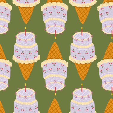 Elle çizilmiş lavantalı pasta külahları kiraz, fiyonk ve mumlarla süslenmiş kusursuz vektör deseni. Tebeşir boyası, ambalaj için mükemmel, çocuklar için parti malzemeleri ve kırtasiye malzemeleri.