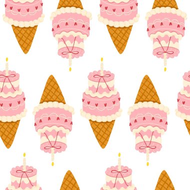 Pastel pembe bento kek külahlı şirin vektörsüz desen. Minik kalpler, fiyonklar ve mumlarla süslenmiş dondurma külahları. El yapımı boya kalemi. Sevgililer Günü, doğum günü dekorasyonu, ambalaj için mükemmel..