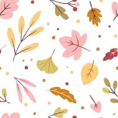Elle çizilmiş sonbahar yaprakları pastel ve sıcak tonlarda kusursuz vektör deseni. Tekstil, kumaş, ambalaj, kırtasiye ve konforlu mevsimlik projeler için mükemmel