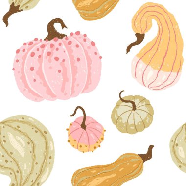 Yumuşak pastel renklerde kusursuz el yapımı balkabağı taşıyıcı deseni. Sade ve desenli tasarım sonbahar kumaşı, çocuk kıyafetleri, sonbahar temalı ambalaj kağıdı için idealdir. Şükran Günü ya da Cadılar Bayramı için mükemmel