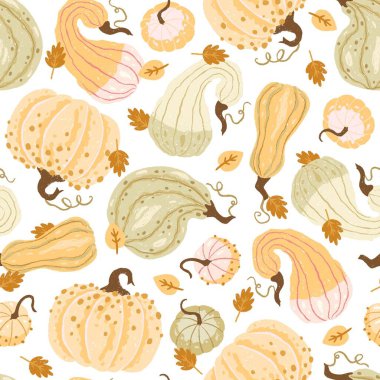 El yapımı balkabakları ve sonbahar yapraklarının rahat ve sessiz tonlarda olduğu kusursuz bir vektör deseni. Şükran Günü, Cadılar Bayramı ya da sonbahar temalı kumaş, tekstil, ambalaj kağıdı ve mevsimlik dekor için mükemmel.