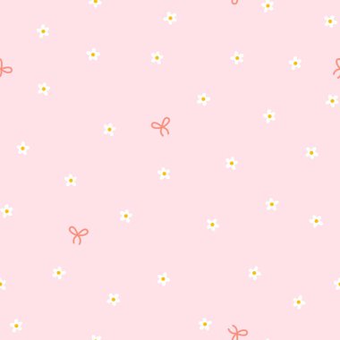 Papatya çiçekli ve papatyalı vektör desenli basit bir el çizimi çizgi film kawaii stili. Pastel palet, sevimli pembe arka plan. Bebek tekstil, giysi, ambalaj için ideal.