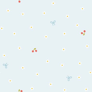 Papatyalar, kirazlar ve basit el çizimi kawaii tarzı papatya desenli, çiçeksiz vektör deseni. Pastel palet, şirin, yumuşak mavi arka plan. Bebek tekstil ve giysileri basmak için ideal