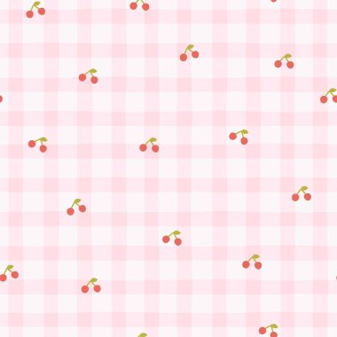Pembe ekoseli arka planda küçük, kirazsız bir desen. Elle çizilmiş şirin bir çizgi film çizimi. Yazdırma, bebek kıyafetleri, duvar kağıdı, ambalaj, yapıştırma kitabı için ideal