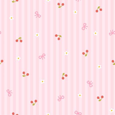 Kolej vişneli küçük çiçekler ve yay desenleri dikey çizgili arka plan. Elle çizilmiş şirin bir çizgi film çizimi. Yazdırma, bebek kıyafetleri, duvar kağıdı, ambalaj, yapıştırma kitabı için ideal