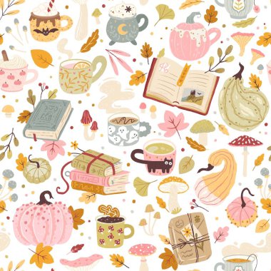 Kitaplı sonbahar deseni, tatlı bardaklarda çeşitli sıcak içecekler, balkabakları, mantarlar ve yapraklar. Çizgi film modasında el çizimi vektör illüstrasyonlarıName