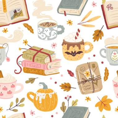 Kitaplı, sonbaharın pürüzsüz deseni, tatlı fincanlar ve yapraklar içinde çeşitli sıcak içecekler. Çizgi film modasında el çizimi vektör illüstrasyonlarıName