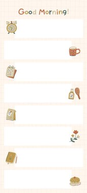 Motivasyon kartı, çıkartma seti. İyi sabahlar. Vektör elle çizilmiş basit karalamalar pastel renklerle şirin şeyler. Sabah kahvesi, kahvaltı, günün planları.