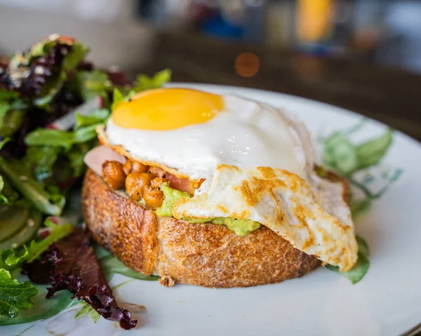 Yumurtalı kızarmış ekmek, avokado ve nohut, salatayla servis ediliyor, kahvaltı için mükemmel..