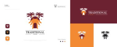 Geleneksel Hut Logosu Tasarımı ve Coconut Tree Illustration. Köy Logosu ya da Simge. Otel, Tatil, Seyahat, Turizm ve Konut Logosu İçin Uygun