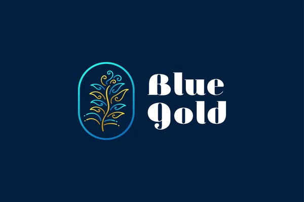 ブルーとゴールドグラデーションのコンセプトで手描きスタイルでエレガントな花と葉のロゴ 化粧品 ブティック またはファッションブランドのロゴに適しています — ストックベクタ