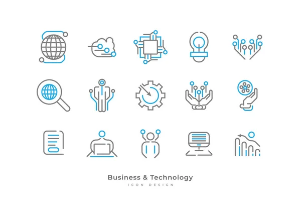 Set Business Technology Icons Simple Line Style Contains Computer Connection — Stock Vector
