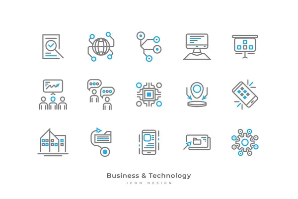 stock vector Set of Business and Technology Icons with Simple Line Style. Contains Computer, Data, Connection, Community, Microchip, Smartphone, Configuration and More