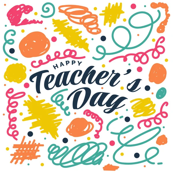 Happy Teachers Day Lettering Com Colorido Infantil Freehand Scribble Style — Vetor de Stock