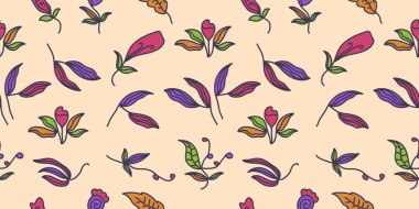 Renkli karikatür tarzında kusursuz çiçek deseni. Çiçek Motifi. Duvar kağıdı, ambalaj kağıdı, arkaplan, kumaş, tekstil, giysi ve kart tasarımı için elverişli