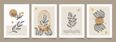 El çizimi çiçekli Minimalist Poster seti. Duvar kağıdı, kapağı, baskısı ve daha fazlası için çiçek sanat tasarımı