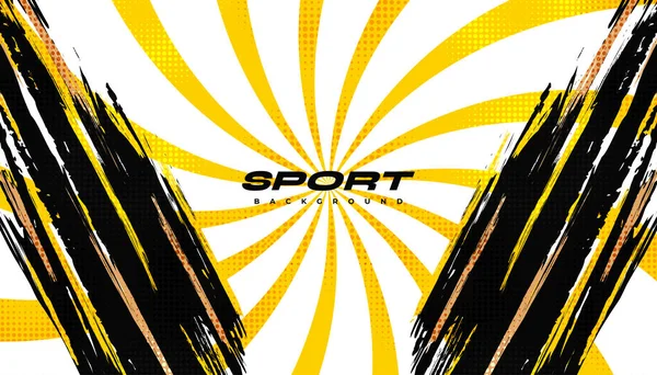 抽象的なブラックと黄色のブラシ サンバーストとハーフトン効果の背景 バナー ポスター スポーツ背景のためのブラシストロークイラスト デザインのためのスクラッチとテクスチャ要素 — ストックベクタ