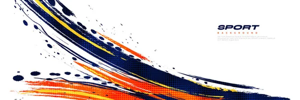 抽象的な青とオレンジのブラシ ハーフトン効果の背景 スポーツの背景 バナーやポスターのためのブラシストロークイラスト デザインのためのスクラッチとテクスチャ要素 — ストックベクタ