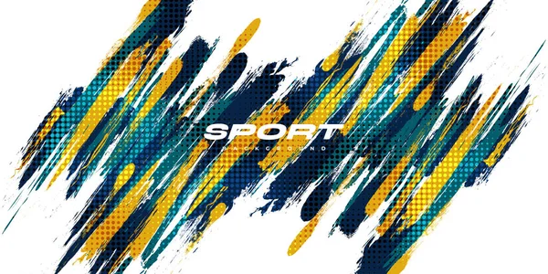 白の背景に分離されたハーフトーン効果を持つ青と黄色のブラシの背景 グランジスタイルでスポーツの背景 デザインのためのスクラッチとテクスチャ要素 — ストックベクタ