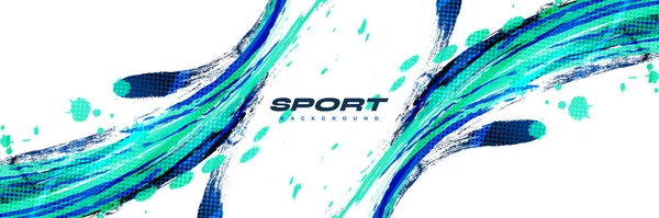 抽象的な青とターコイズブラシ ハルフトーン効果の背景 スポーツの背景 バナーやポスターのためのブラシストロークイラスト デザインのためのスクラッチとテクスチャ要素 — ストックベクタ