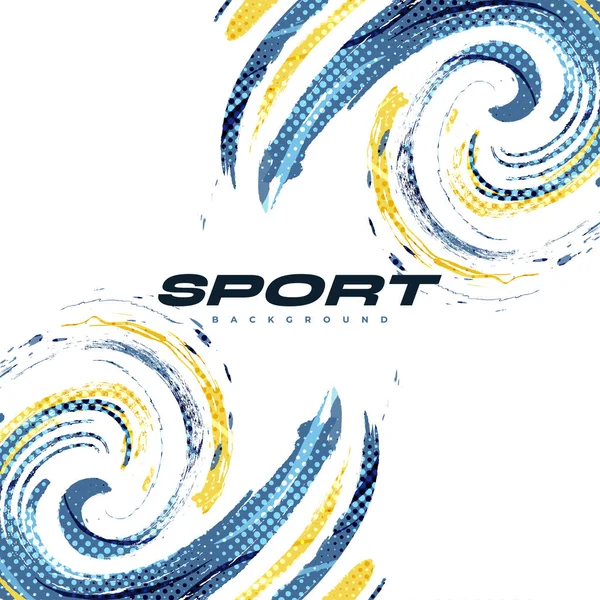 ハーフトーン効果の抽象的な青と黄色のブラシの背景 スポーツバナー ブラシストロークイラスト デザインのためのスクラッチとテクスチャ要素 — ストックベクタ