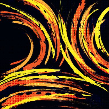 Yarıton Efektli Soyut Siyah, Turuncu ve Sarı Fırça Arkaplanı. Spor Geçmişi. Banner veya Poster için Fırça darbesi illüstrasyonu. Tasarım için Çizik ve Doku Elementleri