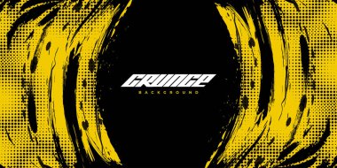 Yarım Tonlama Efektli Soyut Siyah ve Sarı Pis Grunge Geçmişi. Fırça Vuruşu İllüstrasyonlu Spor Arkaplanı