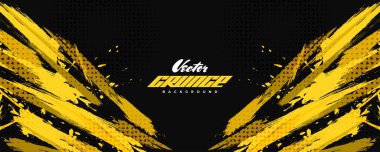 Yarım Tonlama Efektli Soyut Siyah ve Sarı Pis Grunge Geçmişi. Fırça Vuruşu İllüstrasyonlu Spor Arkaplanı