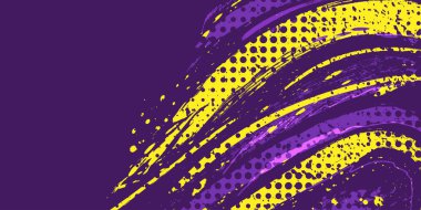 Mor ve sarı fırça desenli soyut spor arka planı ve yarım ton efekti. Banner veya Poster Tasarımı İçin Grunge Arkaplanı