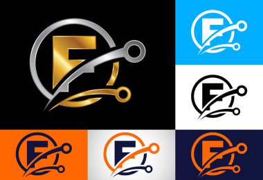 F harfinin baş harfleri alfabede, içinde teknoloji işareti olan bir daire şeklinde. Teknoloji logosu tasarım konsept vektör şablonu. Yazı tipi amblemi