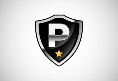 Kalkan simgesi logo tasarımı illüstrasyonlu P harfi. Monogram alfabesiyle kalkan