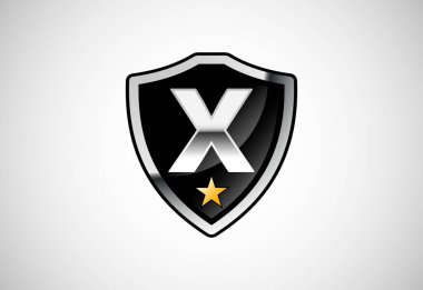 Kalkan simgesi logo tasarımı illüstrasyonlu ilk harf X. Monogram alfabesiyle kalkan