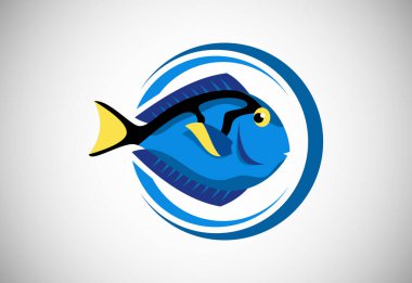 Blue Tang fish in a circle. Fish logo design template. Seafood restaurant shop Logotype concept icon.