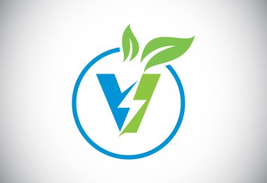 Initial V letter thunderbolt leaf circle or eco energy saver icon. Leaf and thunderbolt icon concept for nature power electric logo