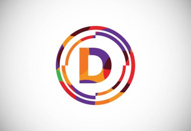 Çember çerçeveli D harfleri düşük polisiye resim tarzında. İngiliz alfabesi, vektör illüstrasyonu