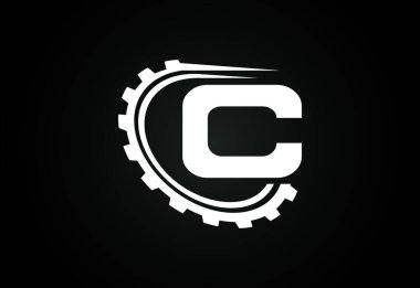 Teçhizatlı ilk C alfabesi. Vites mühendisi logosu tasarımı. Otomotiv, mekanik, teknoloji, ayar, tamir işi ve şirket kimliği logosu