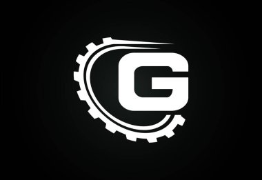 Teçhizatlı G alfabesi. Vites mühendisi logosu tasarımı. Otomotiv, mekanik, teknoloji, ayar, tamir işi ve şirket kimliği logosu