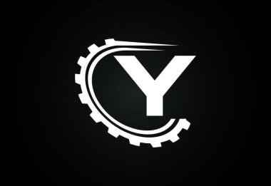 Y alfabesinin baş harfi, dişli. Vites mühendisi logosu tasarımı. Otomotiv, mekanik, teknoloji, ayar, tamir işi ve şirket kimliği logosu