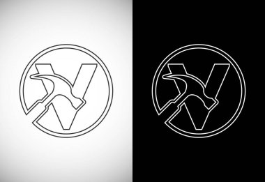 Initial V letter alphabet with a Hammer. Repair, renovation, and construction logo. Line art style logo