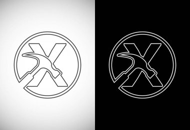 Initial X letter alphabet with a Hammer. Repair, renovation, and construction logo. Line art style logo