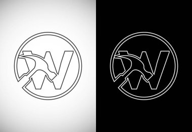 Initial W letter alphabet with a Hammer. Repair, renovation, and construction logo. Line art style logo