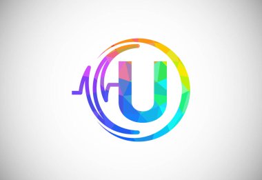 Initial low poly U alphabet with health pulse. Heartbeat logo design. Logo for medical or health business