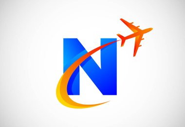Initial N alphabet with a swoosh and airplane logo design. Suitable for travel companies or business