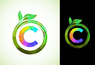 Yeşil yapraklı bir spiral içinde çokgen alfabe C. Doğa simgesi işareti. Geometrik şekiller, iş sağlığı, doğa, tarım ve şirket kimliği için stil logosu tasarımı.