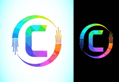 Elektrik kablosu ve optik fiber kabloyla çokgen C alfabesi. Düşük polyester grafik alfabe sembolü