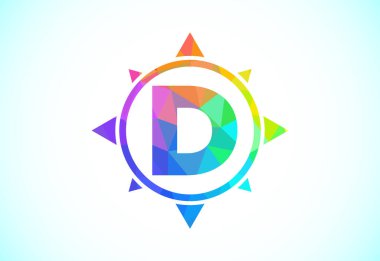 Bir pusula içinde çokgen alfabe D. Düşük polimerli pusula logosu işareti. Vektör logosu tasarımı