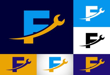 İngiliz anahtarlı, grafiksel alfabe F. Mekanik, teknoloji, onarım servisi, otomotiv sektörü logosu